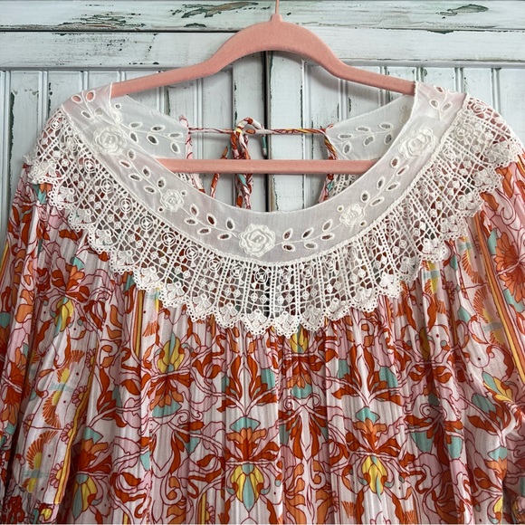 EC Anthropologie Florence Floral Lace Lounge Dress sz L large orange pink white - Picture 6 of 14